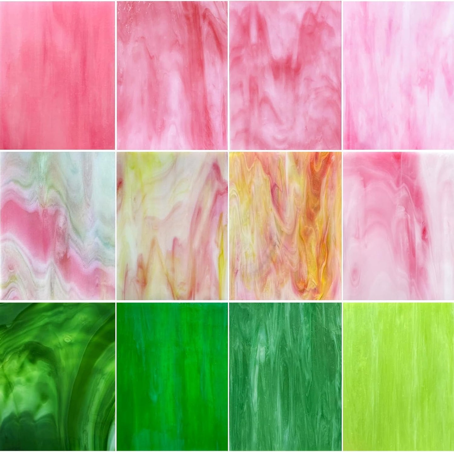 12 Sheets Stained Glass Sheet Pink and Green Collection, 6 x 4 inch Stained Glass Mosaic Tiles for Stained Glass Projects Mosaic Crafts
