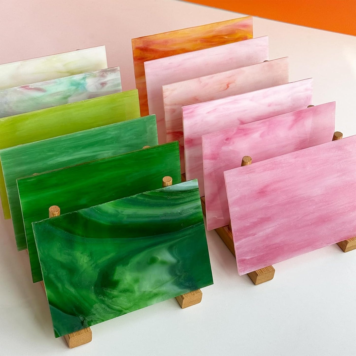 12 Sheets Stained Glass Sheet Pink and Green Collection, 6 x 4 inch Stained Glass Mosaic Tiles for Stained Glass Projects Mosaic Crafts