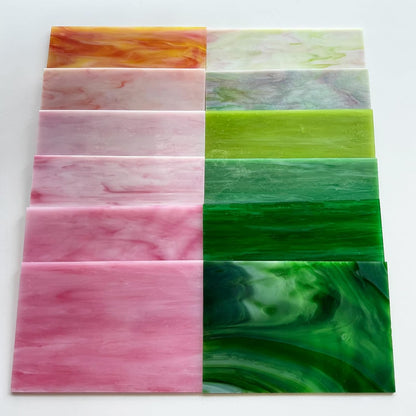 12 Sheets Stained Glass Sheet Pink and Green Collection, 6 x 4 inch Stained Glass Mosaic Tiles for Stained Glass Projects Mosaic Crafts