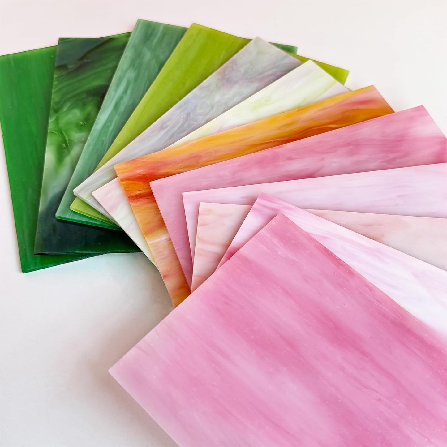 12 Sheets Stained Glass Sheet Pink and Green Collection, 6 x 4 inch Stained Glass Mosaic Tiles for Stained Glass Projects Mosaic Crafts