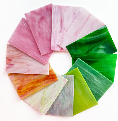 12 Sheets Stained Glass Sheet Pink and Green Collection, 6 x 4 inch Stained Glass Mosaic Tiles for Stained Glass Projects Mosaic Crafts