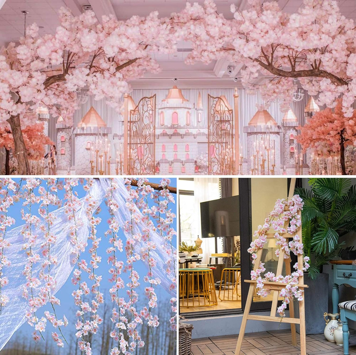 Cherry Blossom Garland Fake Cherry Flower Vines 2 Pcs Artificial Flower Garland Silk Hanging Floral Garland for Wedding Party Arch Office Pink Room Decor Japanese Kawaii Home Decoration