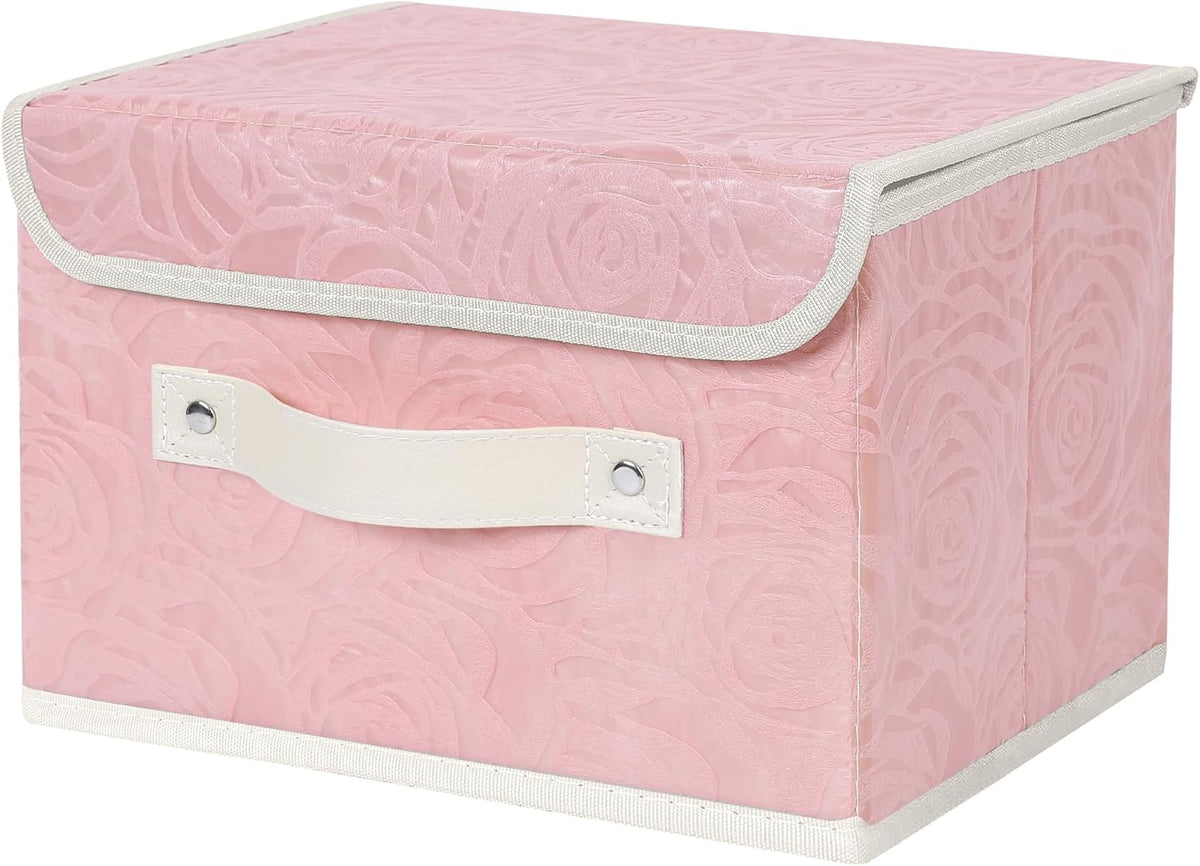 Fabric Storage Box Bins with Lids, Rose Print, Pink, Small