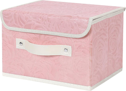 Fabric Storage Box Bins with Lids, Rose Print, Pink, Small