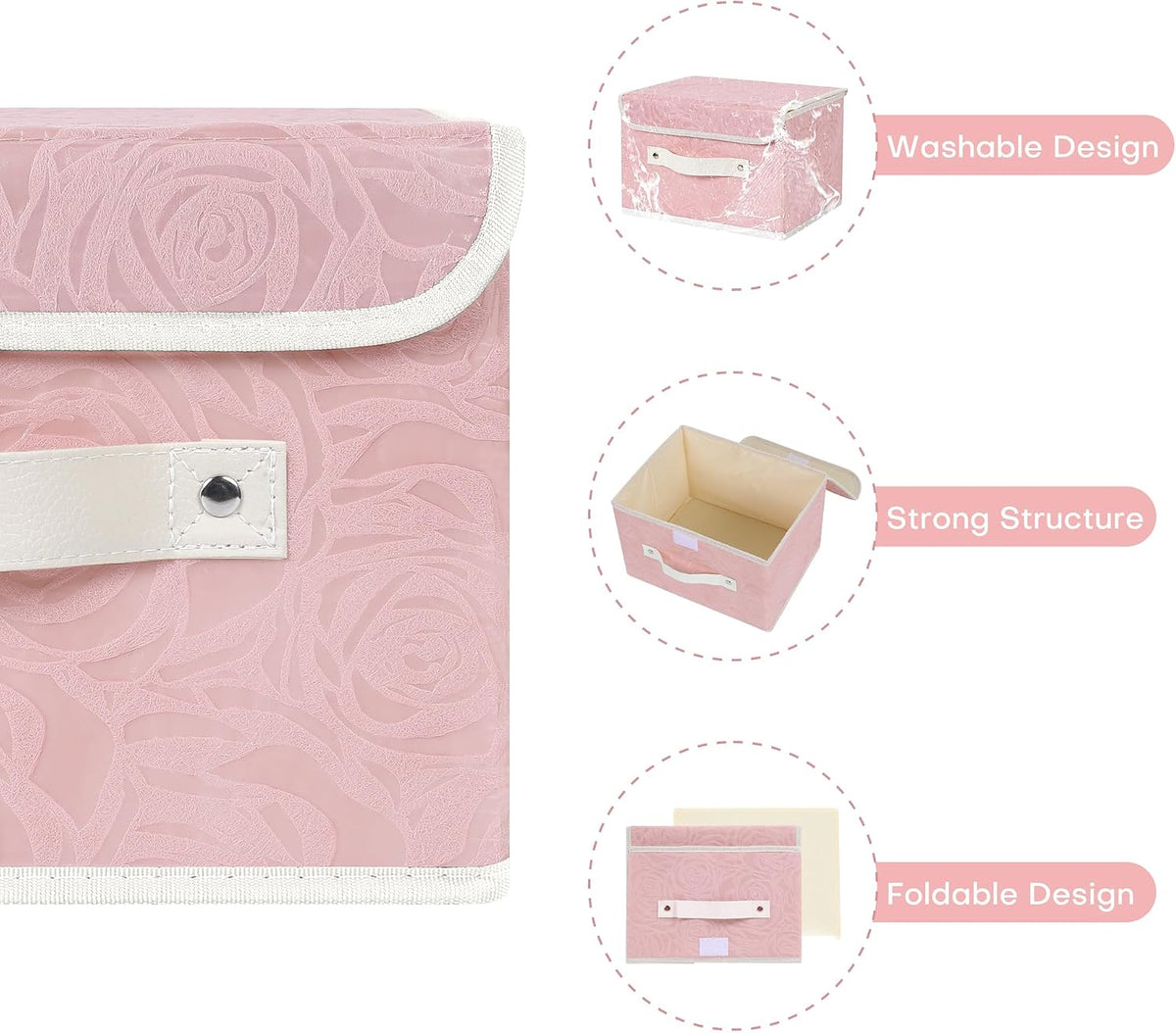 Fabric Storage Box Bins with Lids, Rose Print, Pink, Small