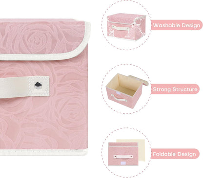 Fabric Storage Box Bins with Lids, Rose Print, Pink, Small