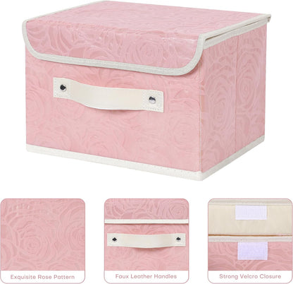 Fabric Storage Box Bins with Lids, Rose Print, Pink, Small