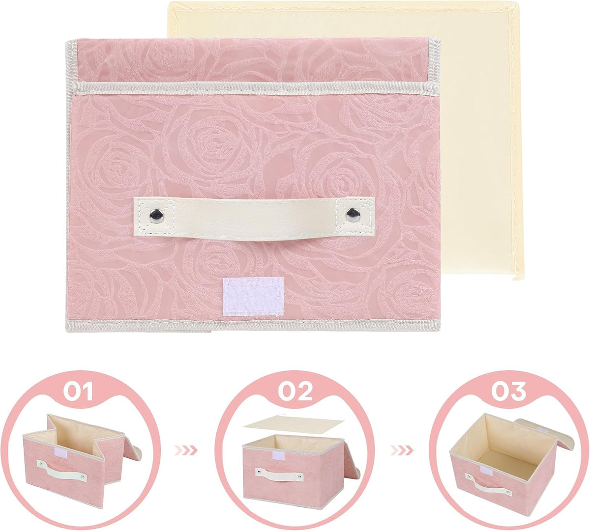 Fabric Storage Box Bins with Lids, Rose Print, Pink, Small