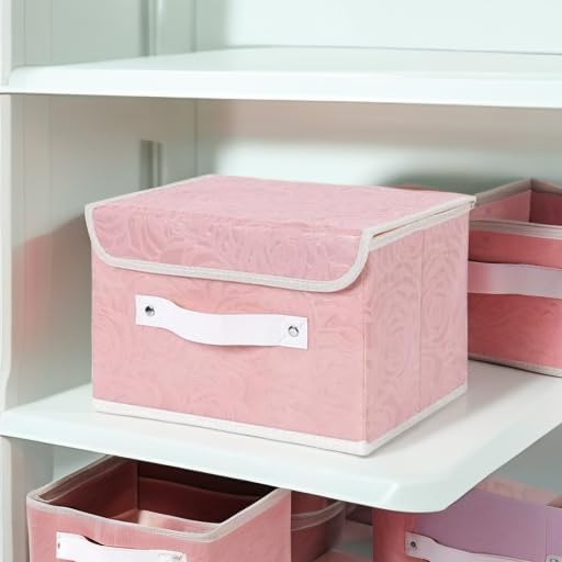 Fabric Storage Box Bins with Lids, Rose Print, Pink, Small