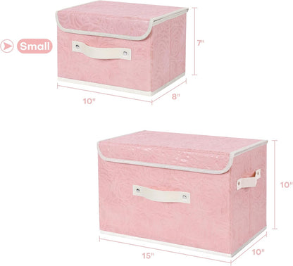 Fabric Storage Box Bins with Lids, Rose Print, Pink, Small