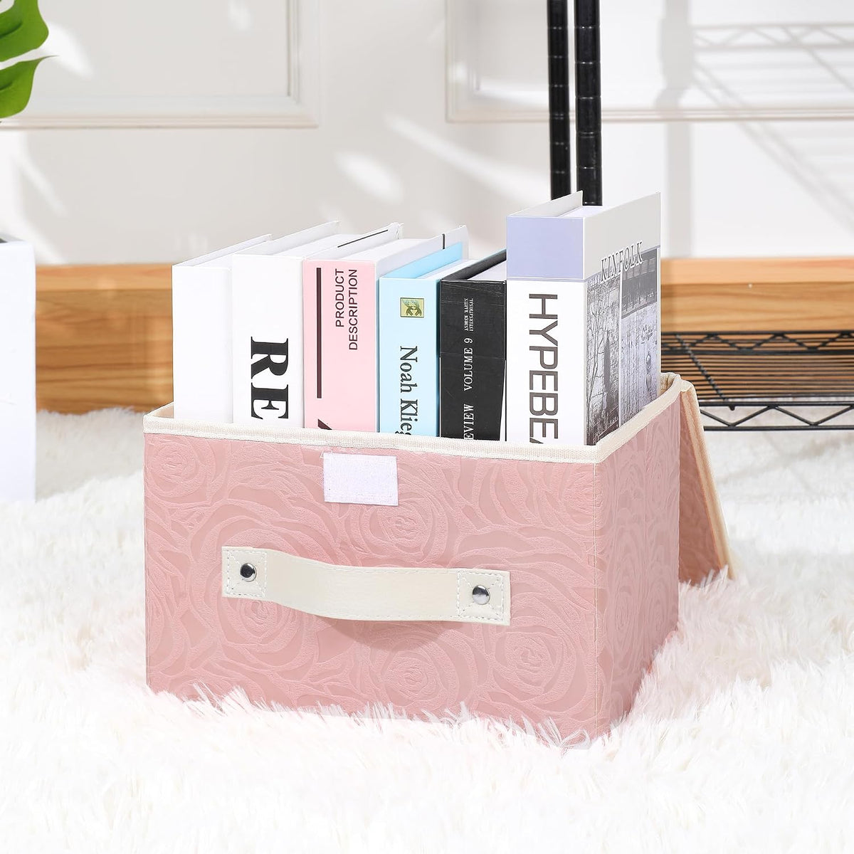 Fabric Storage Box Bins with Lids, Rose Print, Pink, Small