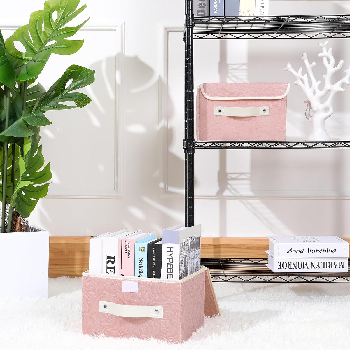 Fabric Storage Box Bins with Lids, Rose Print, Pink, Small
