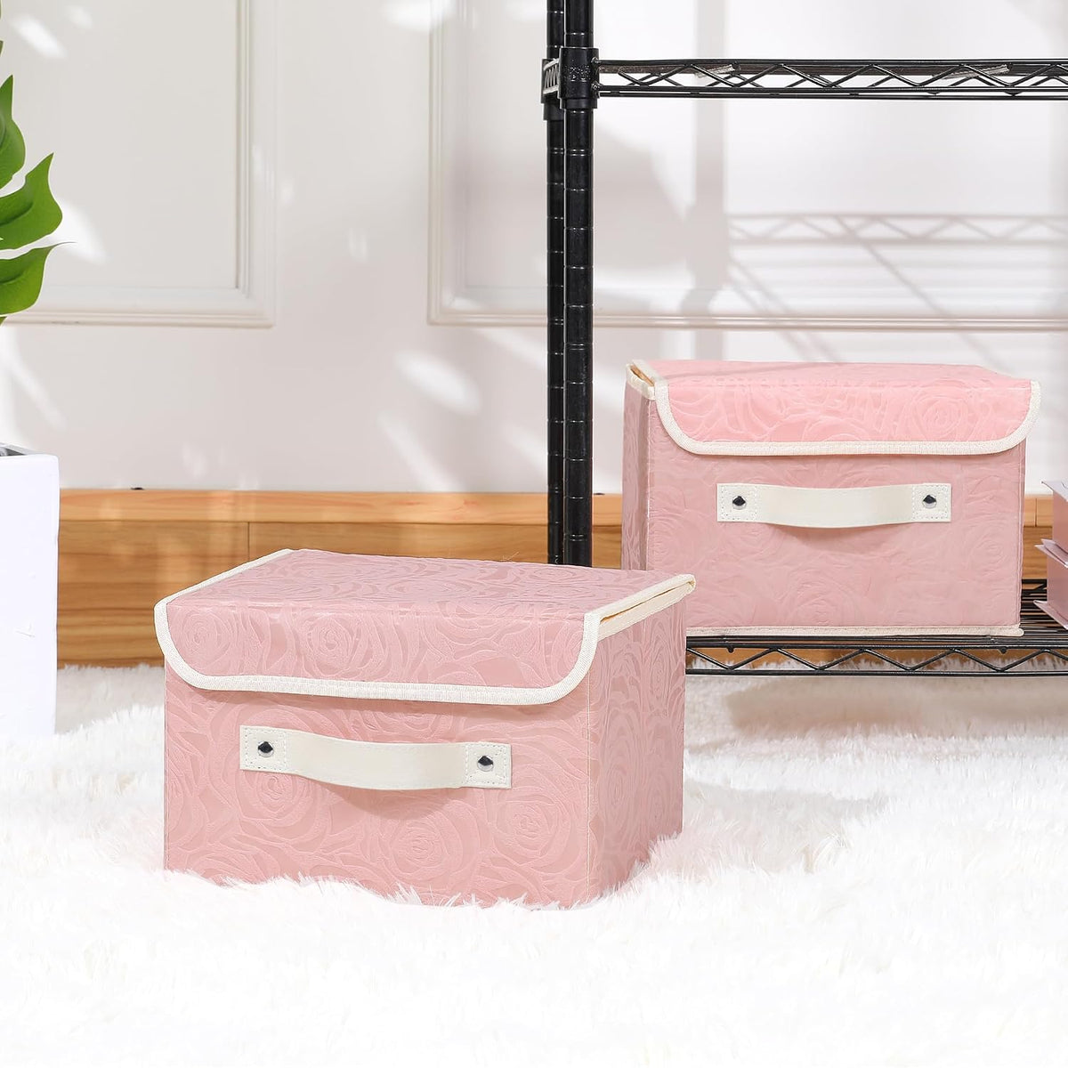 Fabric Storage Box Bins with Lids, Rose Print, Pink, Small