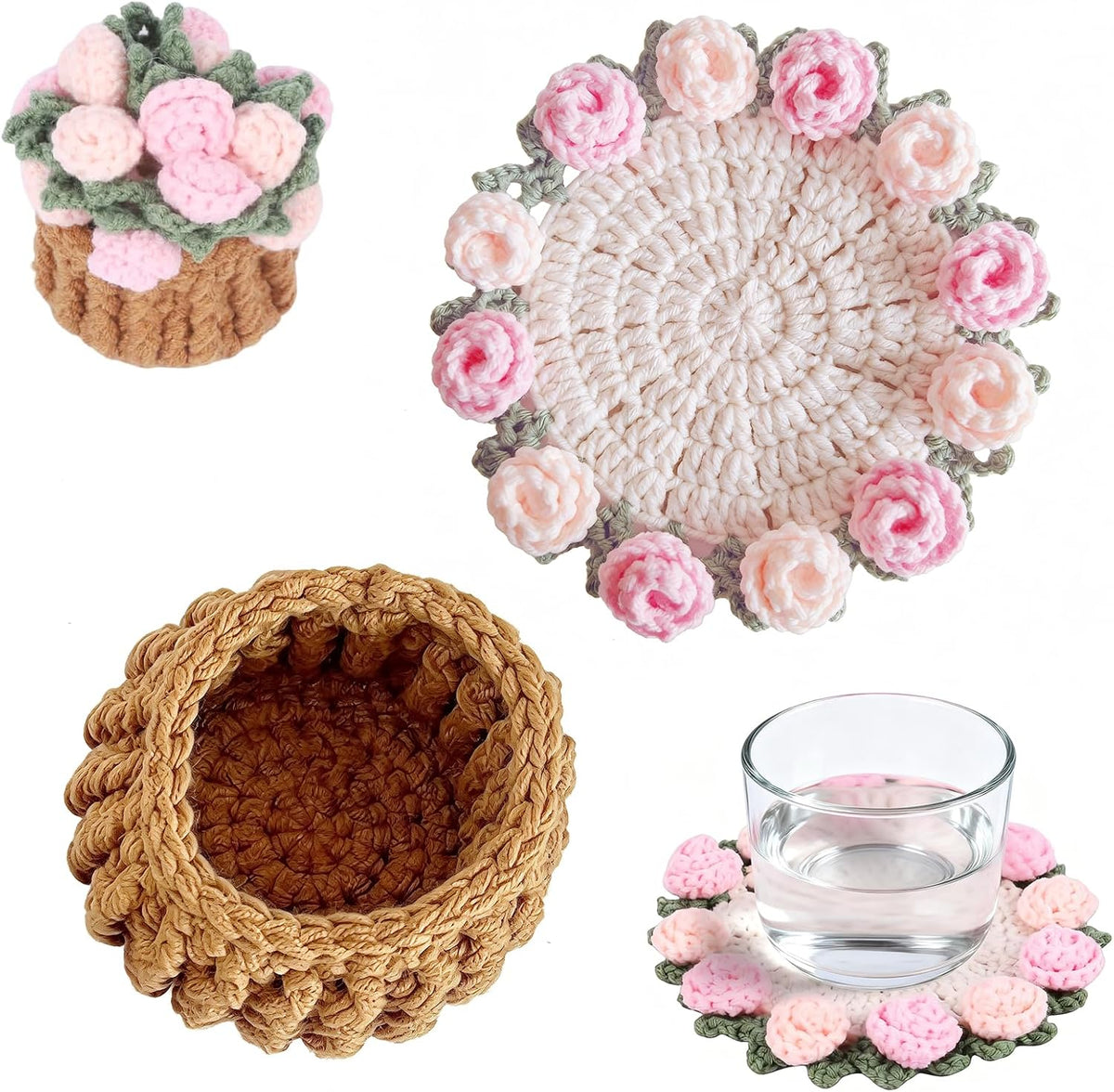1 Set Flower Coasters with Mini Crochet Basket, Pink Coasters, Handmade Crochet Coasters, Durable and Absorbent, Perfect for Coffee Table, Housewarming, Birthday