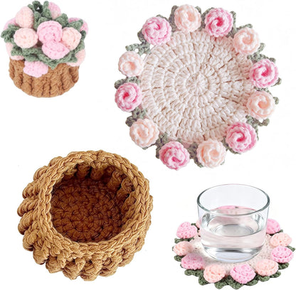 1 Set Flower Coasters with Mini Crochet Basket, Pink Coasters, Handmade Crochet Coasters, Durable and Absorbent, Perfect for Coffee Table, Housewarming, Birthday