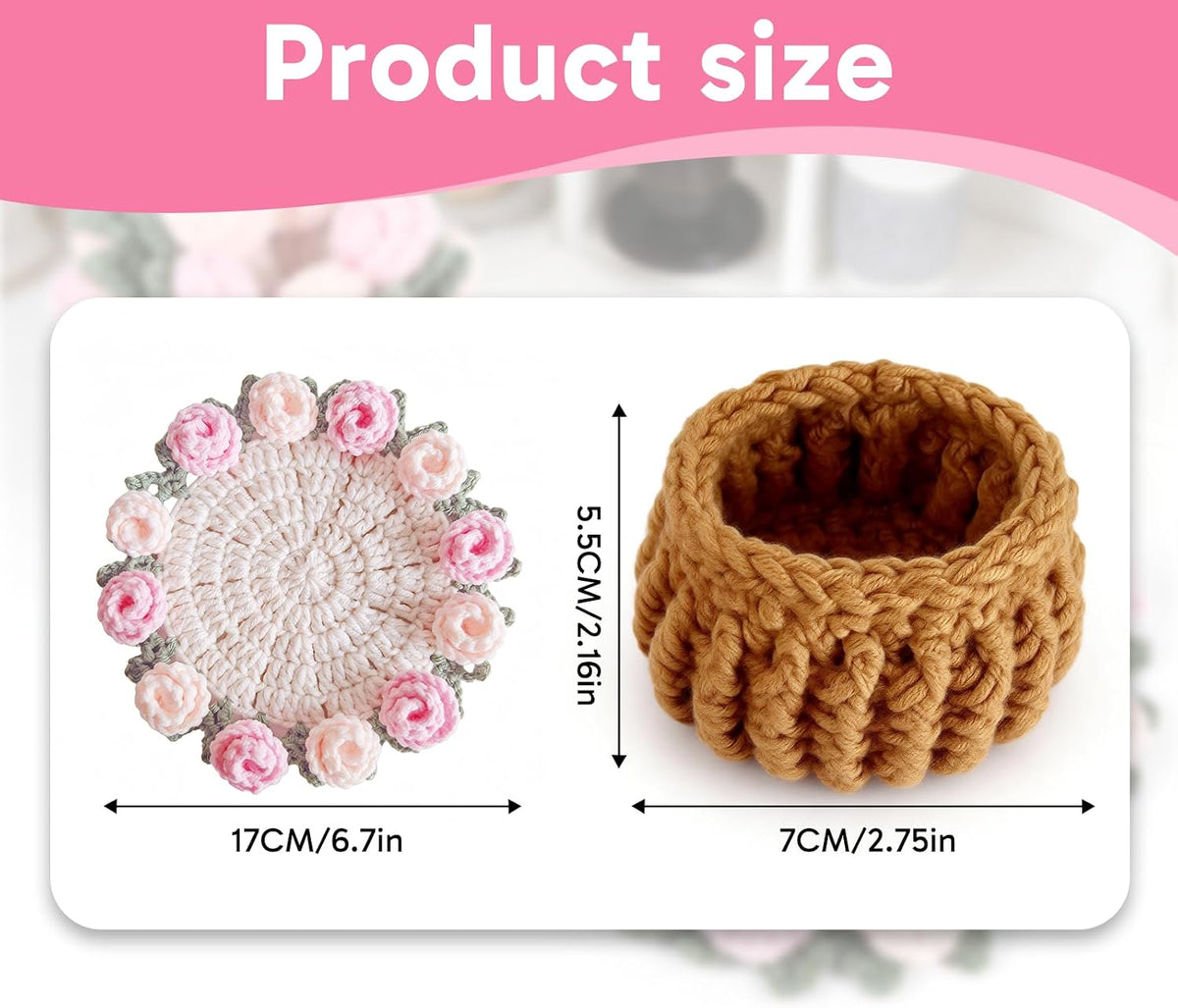 1 Set Flower Coasters with Mini Crochet Basket, Pink Coasters, Handmade Crochet Coasters, Durable and Absorbent, Perfect for Coffee Table, Housewarming, Birthday