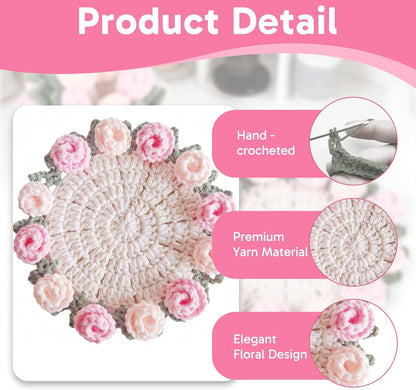 1 Set Flower Coasters with Mini Crochet Basket, Pink Coasters, Handmade Crochet Coasters, Durable and Absorbent, Perfect for Coffee Table, Housewarming, Birthday