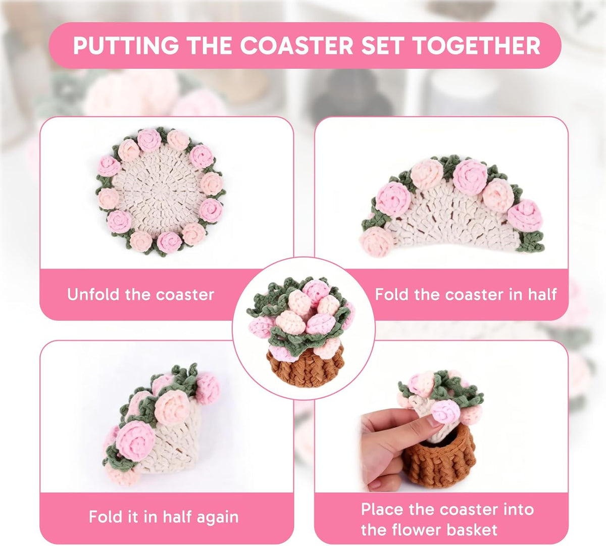 1 Set Flower Coasters with Mini Crochet Basket, Pink Coasters, Handmade Crochet Coasters, Durable and Absorbent, Perfect for Coffee Table, Housewarming, Birthday