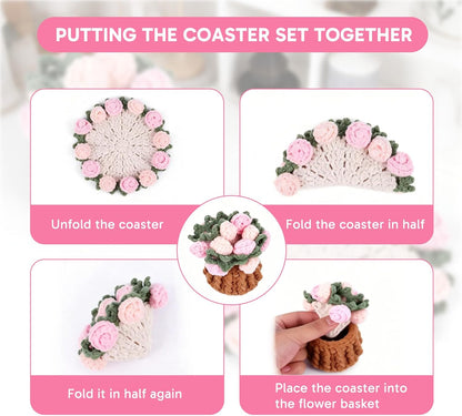 1 Set Flower Coasters with Mini Crochet Basket, Pink Coasters, Handmade Crochet Coasters, Durable and Absorbent, Perfect for Coffee Table, Housewarming, Birthday