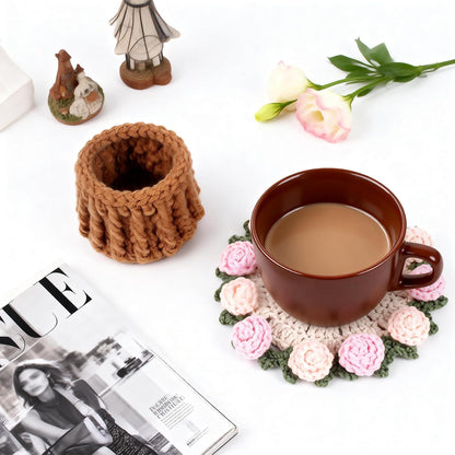 1 Set Flower Coasters with Mini Crochet Basket, Pink Coasters, Handmade Crochet Coasters, Durable and Absorbent, Perfect for Coffee Table, Housewarming, Birthday