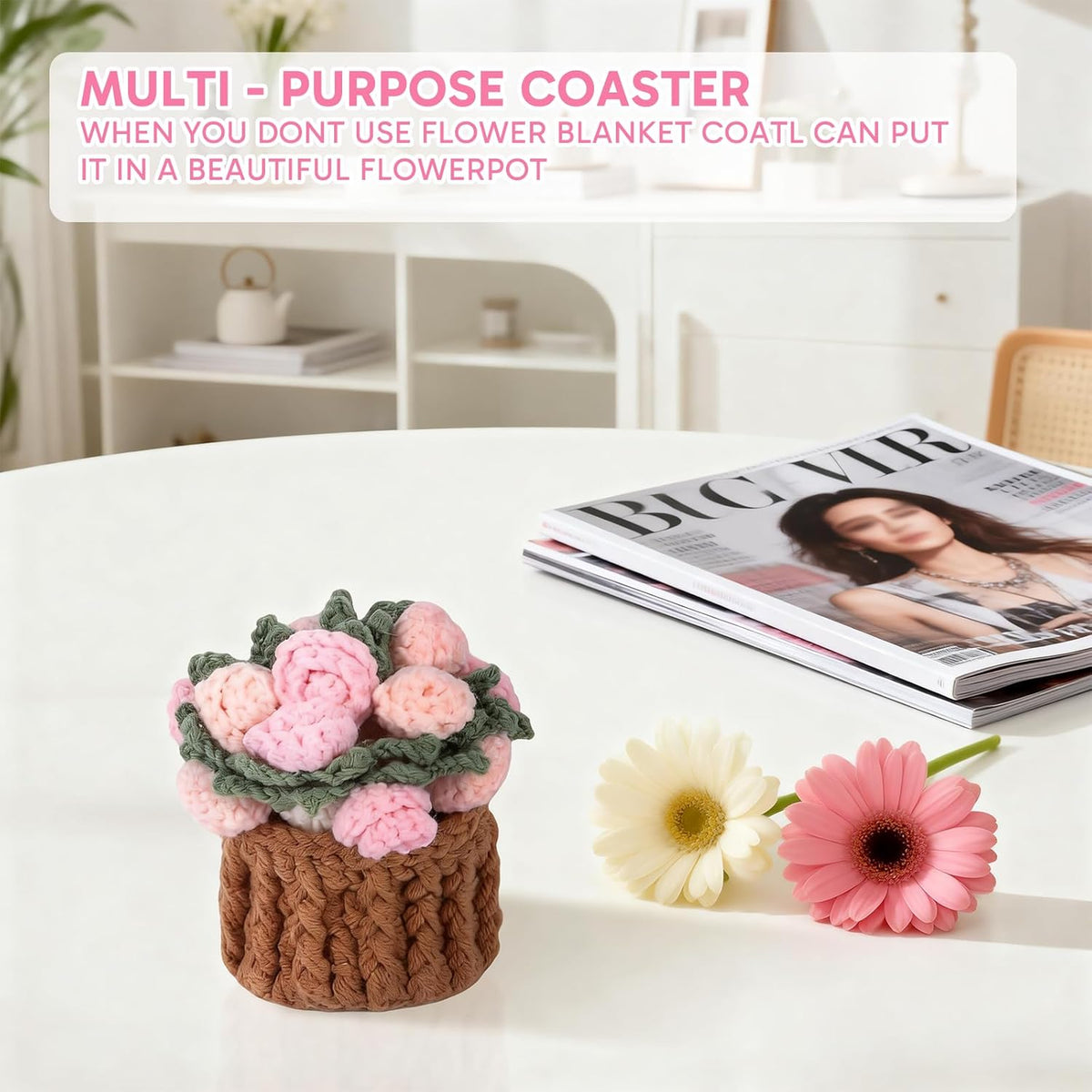 1 Set Flower Coasters with Mini Crochet Basket, Pink Coasters, Handmade Crochet Coasters, Durable and Absorbent, Perfect for Coffee Table, Housewarming, Birthday