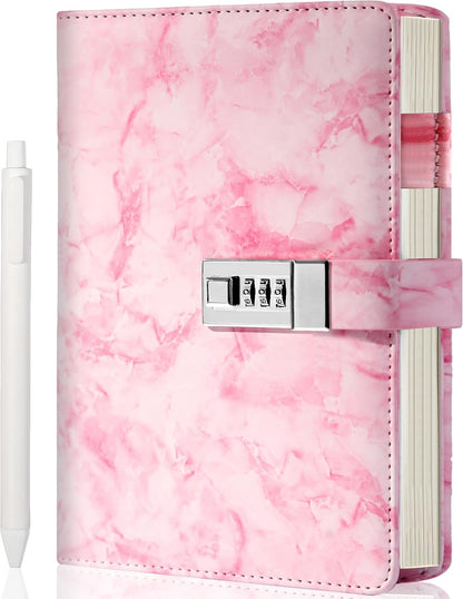 Marble Diary with Lock for Girls and Women, Locked Diary with Pen,A5 Pink