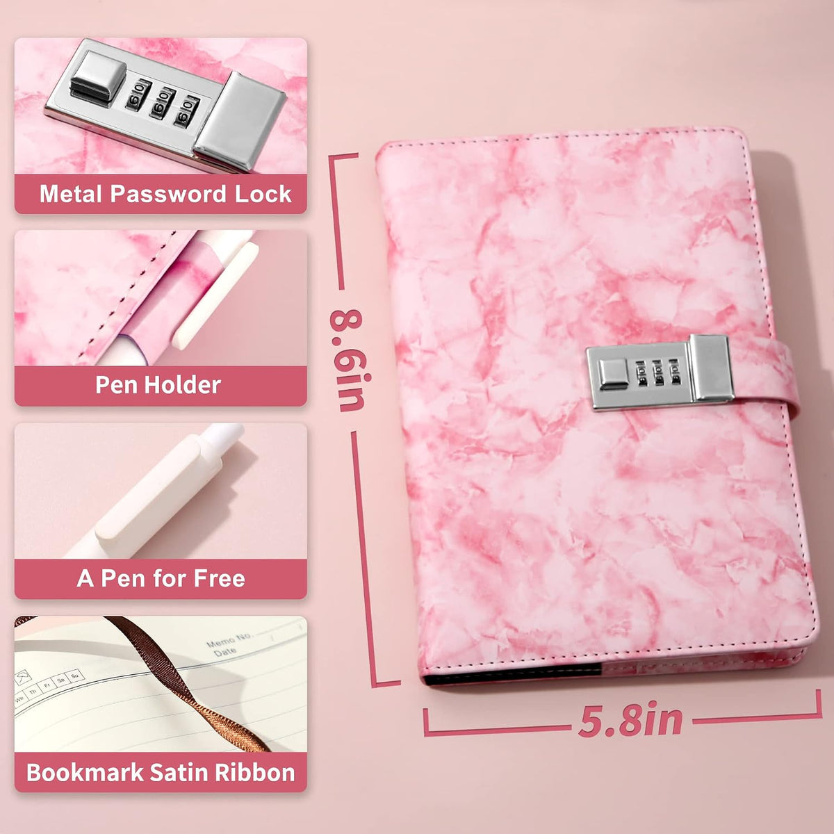 Marble Diary with Lock for Girls and Women, Locked Diary with Pen,A5 Pink