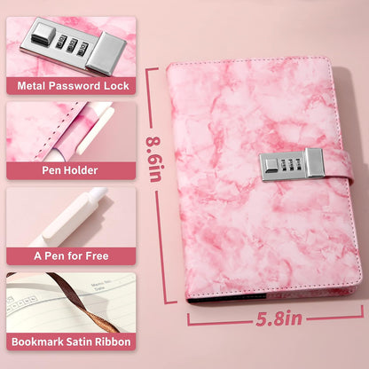 Marble Diary with Lock for Girls and Women, Locked Diary with Pen,A5 Pink