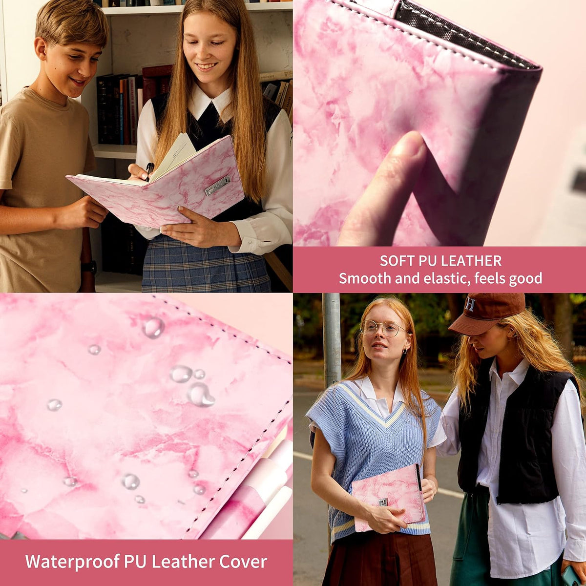 Marble Diary with Lock for Girls and Women, Locked Diary with Pen,A5 Pink
