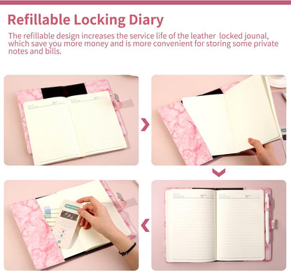 Marble Diary with Lock for Girls and Women, Locked Diary with Pen,A5 Pink