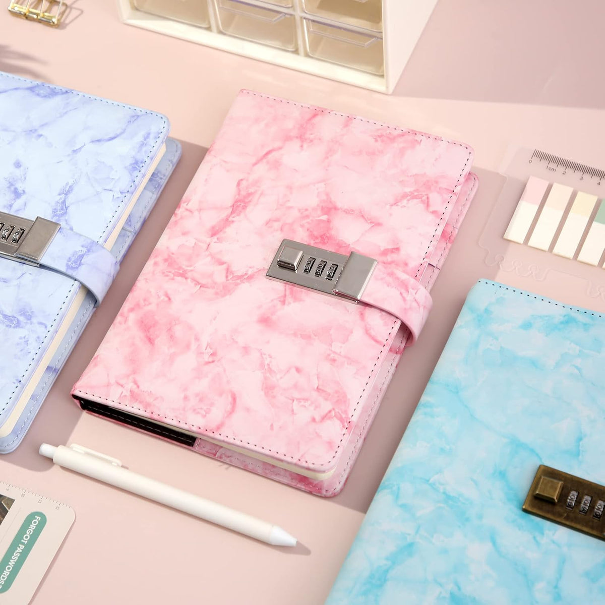 Marble Diary with Lock for Girls and Women, Locked Diary with Pen,A5 Pink