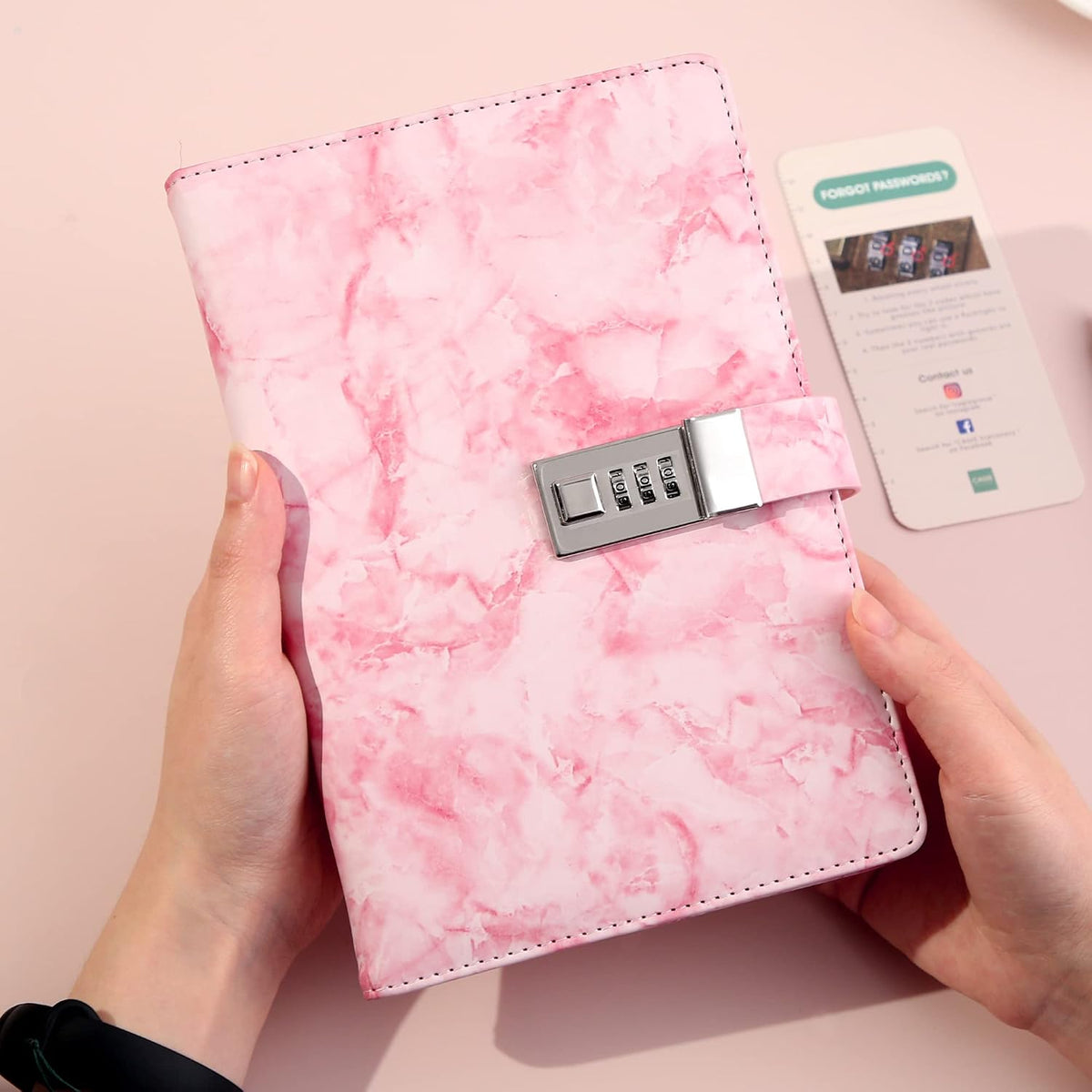 Marble Diary with Lock for Girls and Women, Locked Diary with Pen,A5 Pink
