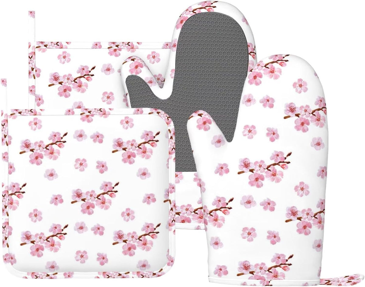 Pink Cherry Blossom Oven Mitts and Pot Holders 4 pcs Set Silicone Watercolor Flowers Blooming Branches Floral Kitchen Oven Mitt Gloves Pot Holders Non-Slip Heat Resistant Cooking Mitts Set