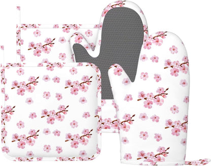 Pink Cherry Blossom Oven Mitts and Pot Holders 4 pcs Set Silicone Watercolor Flowers Blooming Branches Floral Kitchen Oven Mitt Gloves Pot Holders Non-Slip Heat Resistant Cooking Mitts Set
