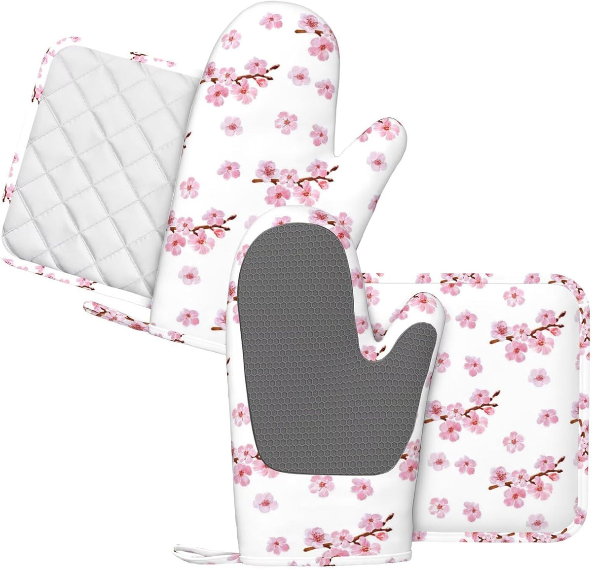 Pink Cherry Blossom Oven Mitts and Pot Holders 4 pcs Set Silicone Watercolor Flowers Blooming Branches Floral Kitchen Oven Mitt Gloves Pot Holders Non-Slip Heat Resistant Cooking Mitts Set
