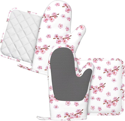 Pink Cherry Blossom Oven Mitts and Pot Holders 4 pcs Set Silicone Watercolor Flowers Blooming Branches Floral Kitchen Oven Mitt Gloves Pot Holders Non-Slip Heat Resistant Cooking Mitts Set