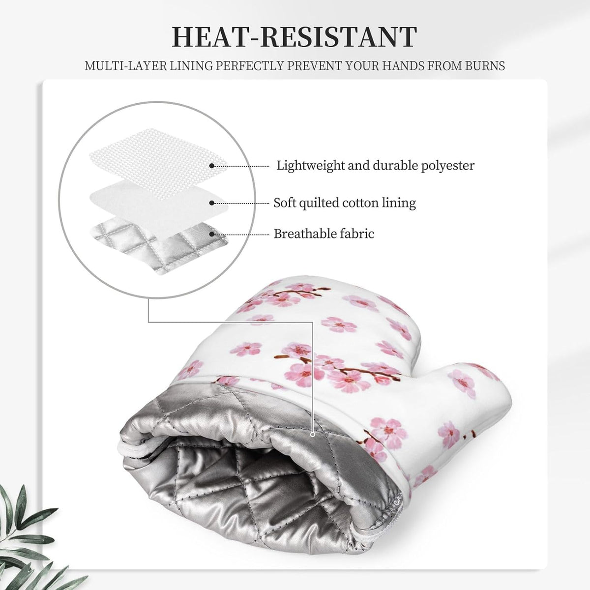 Pink Cherry Blossom Oven Mitts and Pot Holders 4 pcs Set Silicone Watercolor Flowers Blooming Branches Floral Kitchen Oven Mitt Gloves Pot Holders Non-Slip Heat Resistant Cooking Mitts Set
