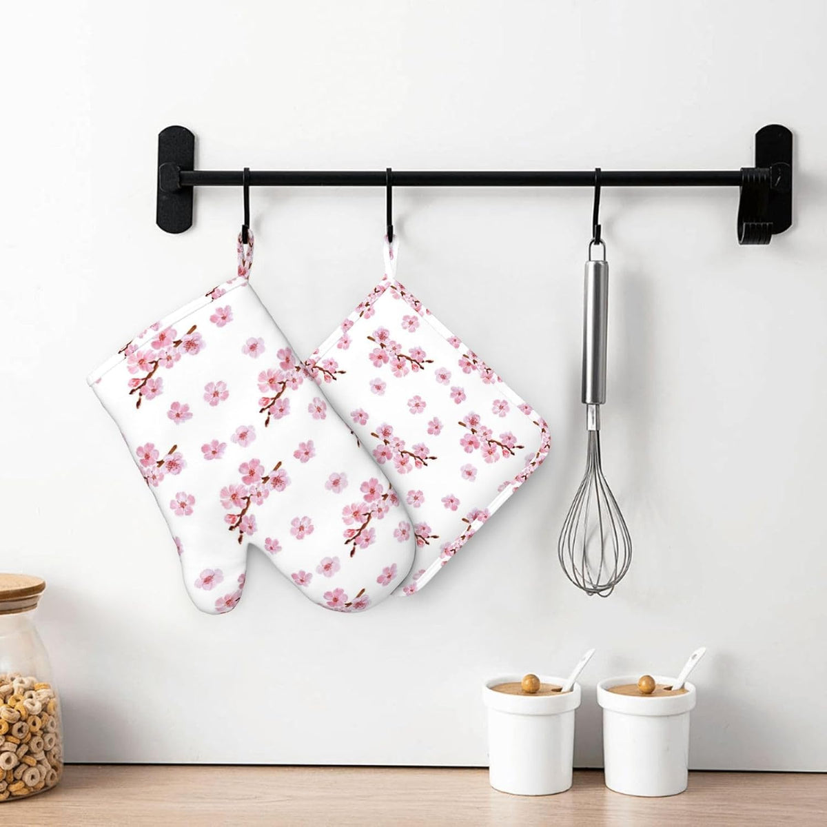 Pink Cherry Blossom Oven Mitts and Pot Holders 4 pcs Set Silicone Watercolor Flowers Blooming Branches Floral Kitchen Oven Mitt Gloves Pot Holders Non-Slip Heat Resistant Cooking Mitts Set