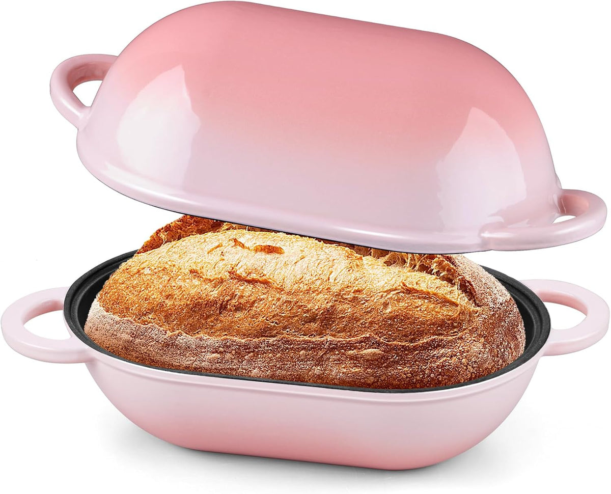 Enameled Cast Iron Sourdough Bread Oven, 2.8QT Oval Dutch Oven, Loaf Cast Iron Bread Pan with Lid for Homemade Bread Baking, 9x5-1/2 Inch Meatloaf Pan, Heavy Duty - Pink