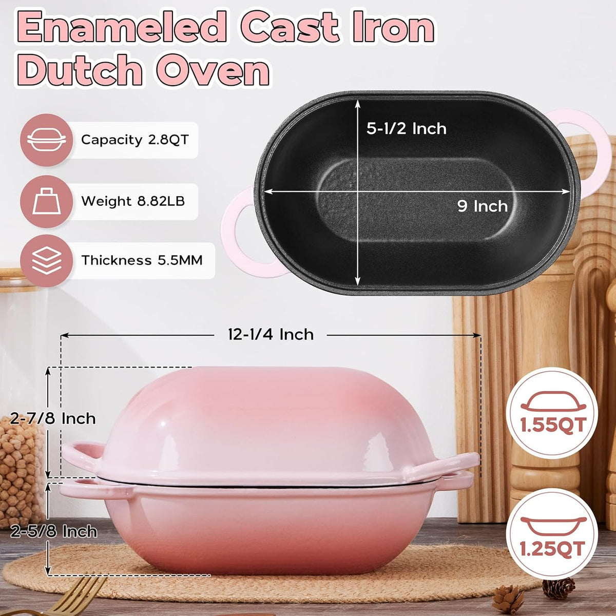 Enameled Cast Iron Sourdough Bread Oven, 2.8QT Oval Dutch Oven, Loaf Cast Iron Bread Pan with Lid for Homemade Bread Baking, 9x5-1/2 Inch Meatloaf Pan, Heavy Duty - Pink