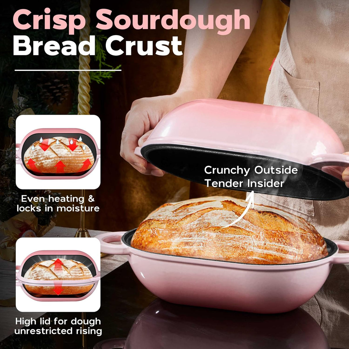 Enameled Cast Iron Sourdough Bread Oven, 2.8QT Oval Dutch Oven, Loaf Cast Iron Bread Pan with Lid for Homemade Bread Baking, 9x5-1/2 Inch Meatloaf Pan, Heavy Duty - Pink