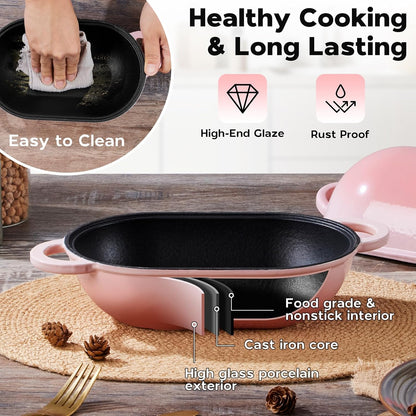 Enameled Cast Iron Sourdough Bread Oven, 2.8QT Oval Dutch Oven, Loaf Cast Iron Bread Pan with Lid for Homemade Bread Baking, 9x5-1/2 Inch Meatloaf Pan, Heavy Duty - Pink