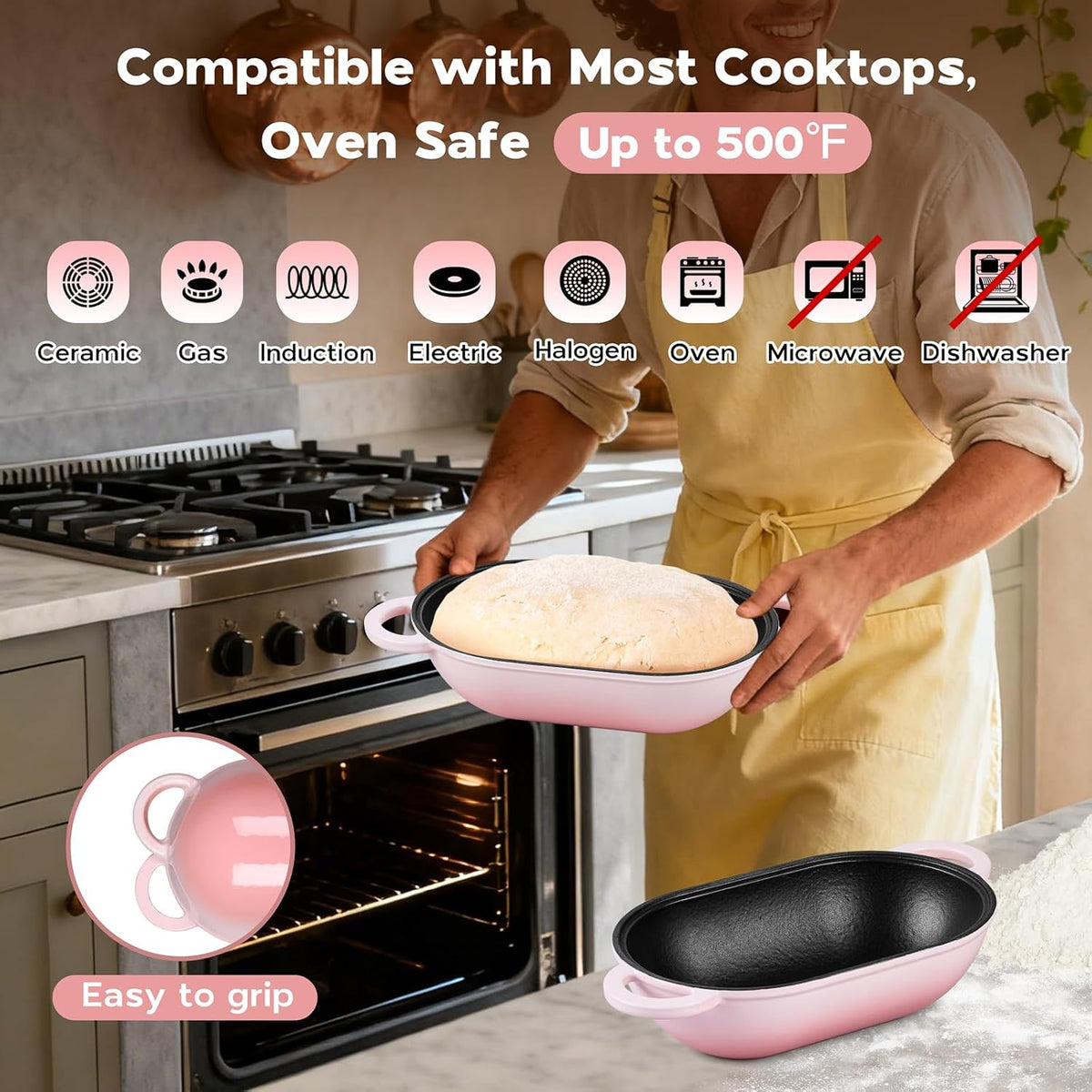Enameled Cast Iron Sourdough Bread Oven, 2.8QT Oval Dutch Oven, Loaf Cast Iron Bread Pan with Lid for Homemade Bread Baking, 9x5-1/2 Inch Meatloaf Pan, Heavy Duty - Pink