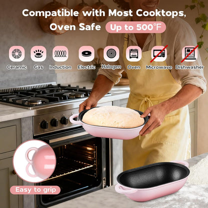 Enameled Cast Iron Sourdough Bread Oven, 2.8QT Oval Dutch Oven, Loaf Cast Iron Bread Pan with Lid for Homemade Bread Baking, 9x5-1/2 Inch Meatloaf Pan, Heavy Duty - Pink