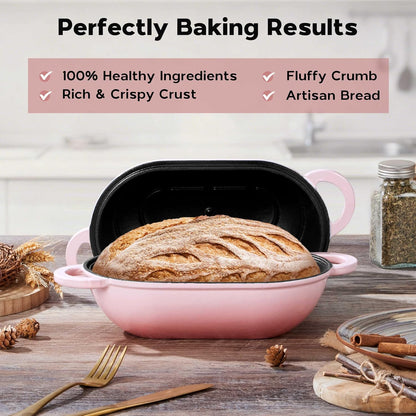 Enameled Cast Iron Sourdough Bread Oven, 2.8QT Oval Dutch Oven, Loaf Cast Iron Bread Pan with Lid for Homemade Bread Baking, 9x5-1/2 Inch Meatloaf Pan, Heavy Duty - Pink