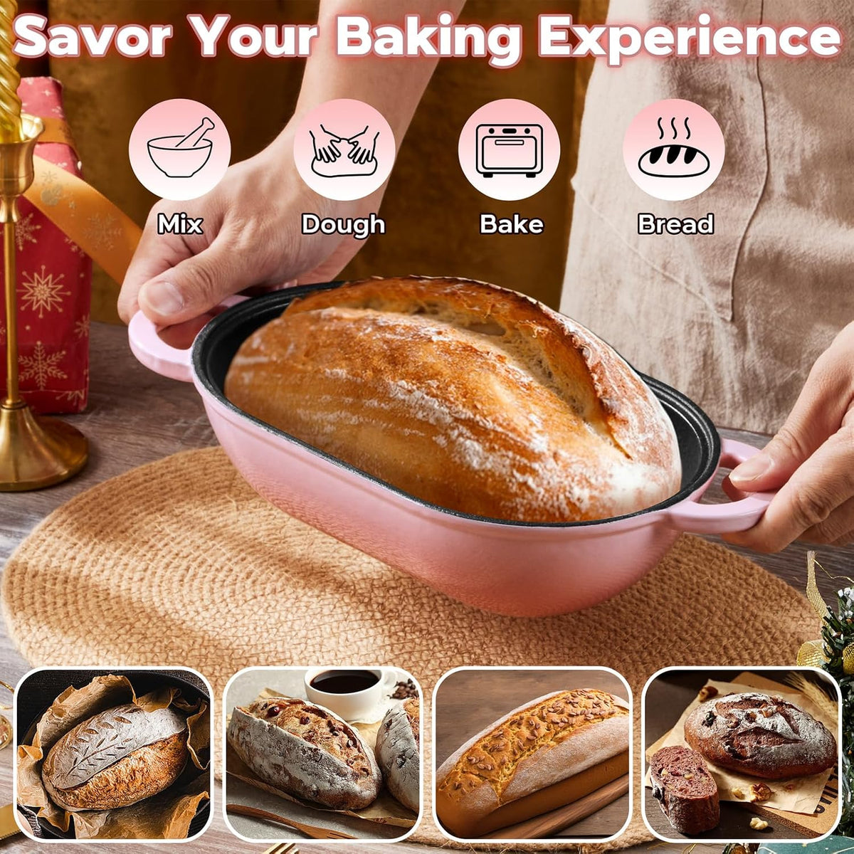 Enameled Cast Iron Sourdough Bread Oven, 2.8QT Oval Dutch Oven, Loaf Cast Iron Bread Pan with Lid for Homemade Bread Baking, 9x5-1/2 Inch Meatloaf Pan, Heavy Duty - Pink