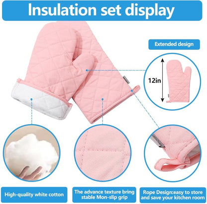 Oven Mitts and Pot Holders 4 pcs Set,High Heat Resistant 500 Degree Extra Thicken Long Kitchen Cotton Oven Glove for Cooking (12 Inch,Pink)…