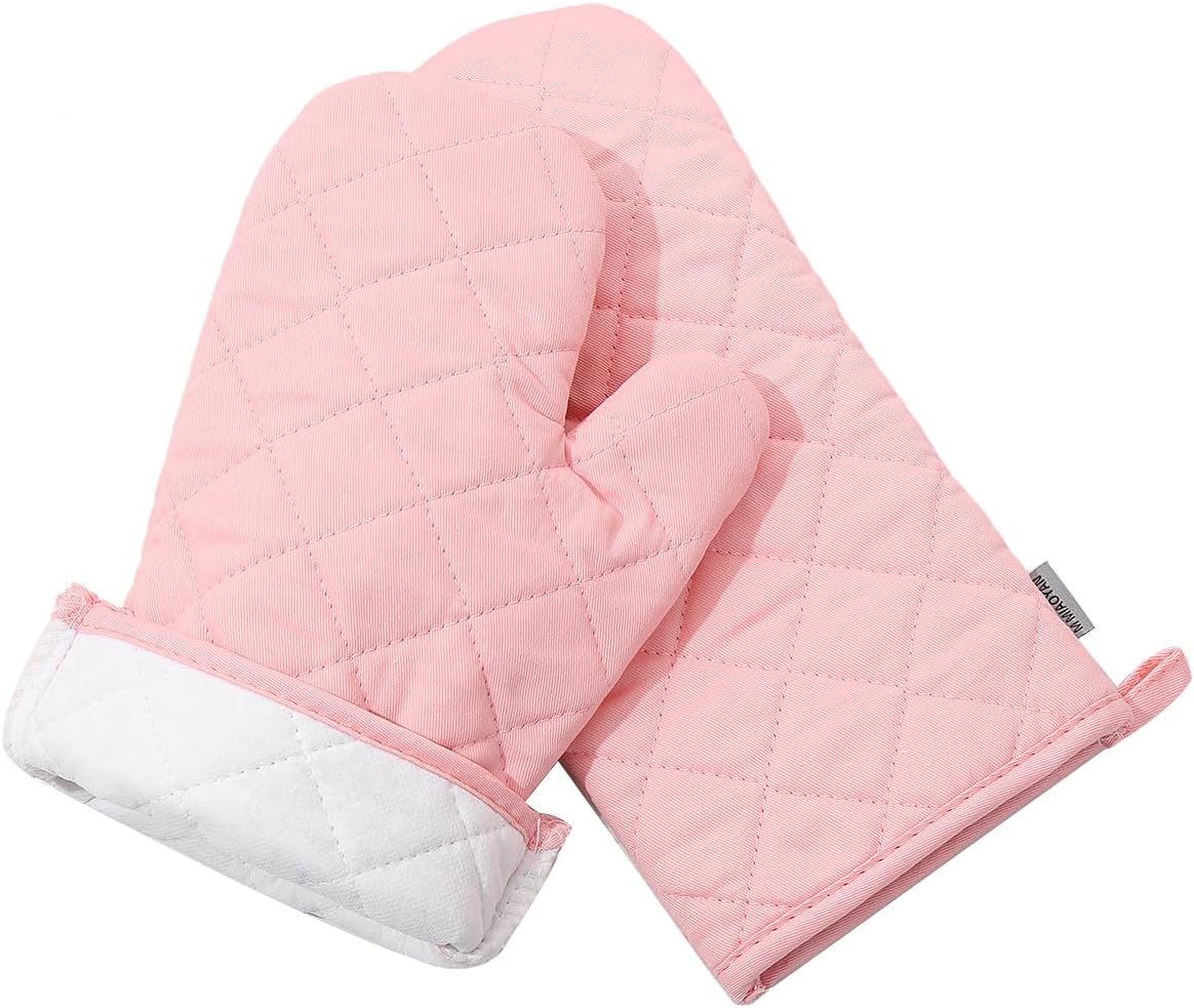 Oven Mitts and Pot Holders 4 pcs Set,High Heat Resistant 500 Degree Extra Thicken Long Kitchen Cotton Oven Glove for Cooking (12 Inch,Pink)…