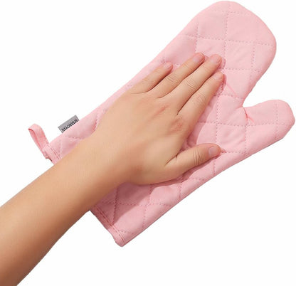 Oven Mitts and Pot Holders 4 pcs Set,High Heat Resistant 500 Degree Extra Thicken Long Kitchen Cotton Oven Glove for Cooking (12 Inch,Pink)…