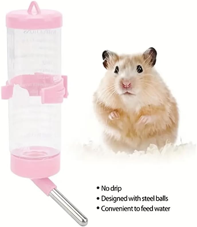 1pcs Small Animal Water Bottle Set, 2.71oz Stainless Steel Ball Bearing Automatic Anti-Drip Dispenser with Chew-Proof Leakproof Nozzle for Hamsters/Birds/Rabbits/Parrots (Pink 1PC)